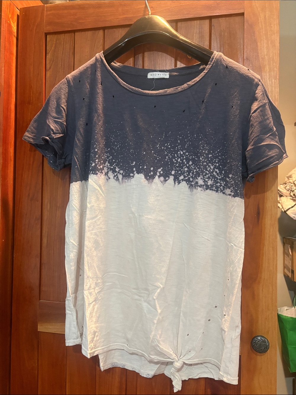 Dip-Dye Navy and White Tie Hem Tee with  punched holes texture